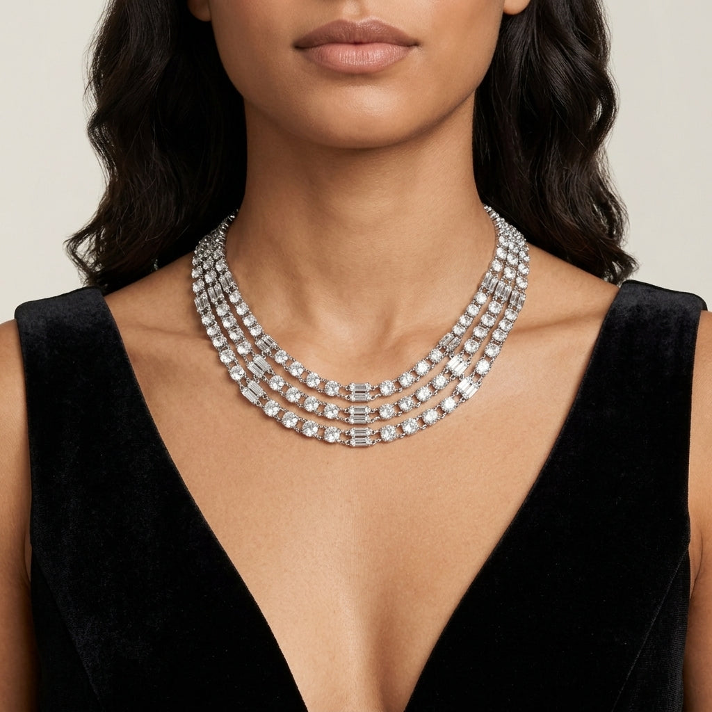 Woman wearing a sparkling 3-row vintage Austrian crystal necklace with an elegant black dress