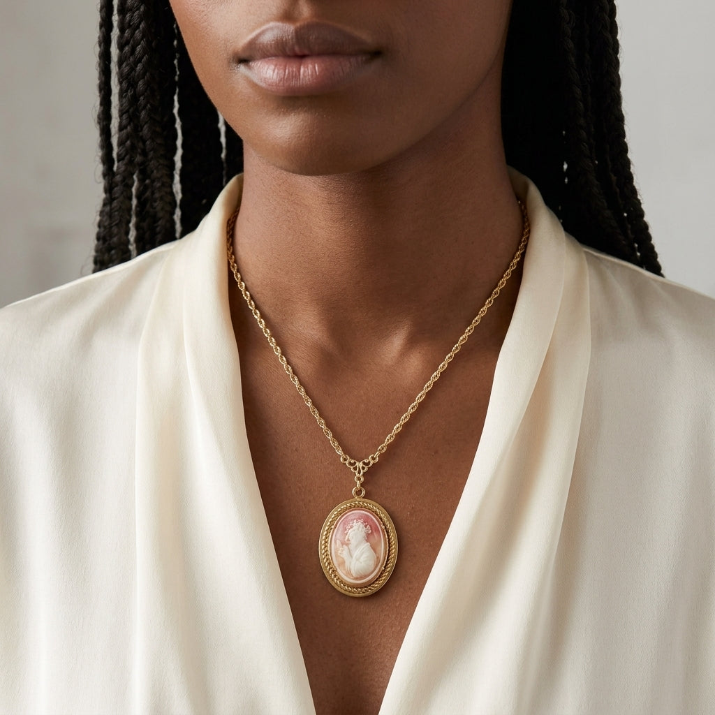 Woman in a white top wearing a gold tone necklace that has a carnelian ivory cameo pendant 