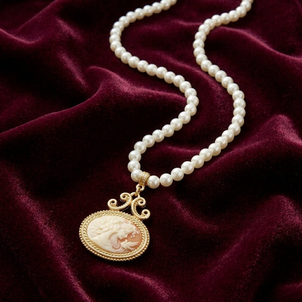 White faux pearl strand necklace has a cameo pendant resting on dark red fabric