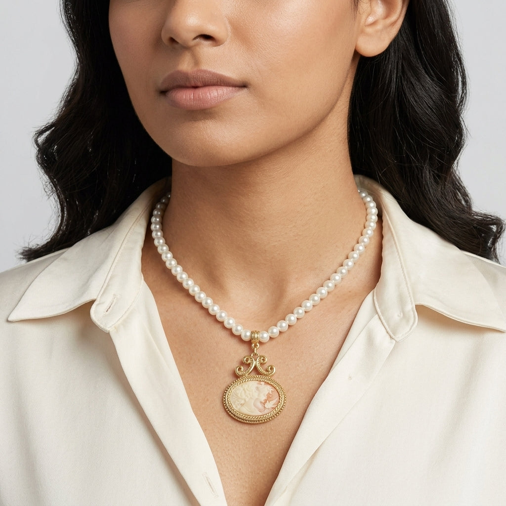 Woman in a white top wearing a faux pearl strand necklace that as a cameo pendant