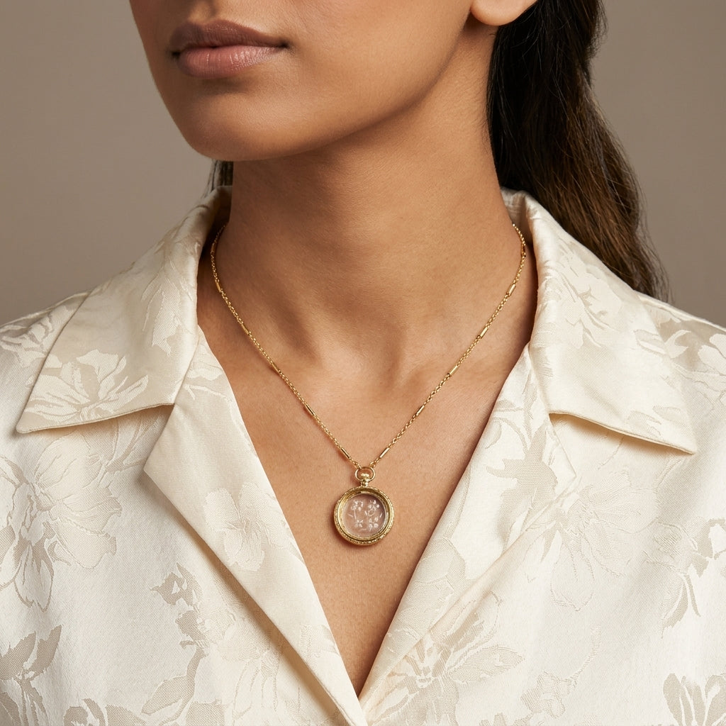 Woman in a soft white floral short wears our Round German Carved Intaglio Glass Flower Pendant Necklace
