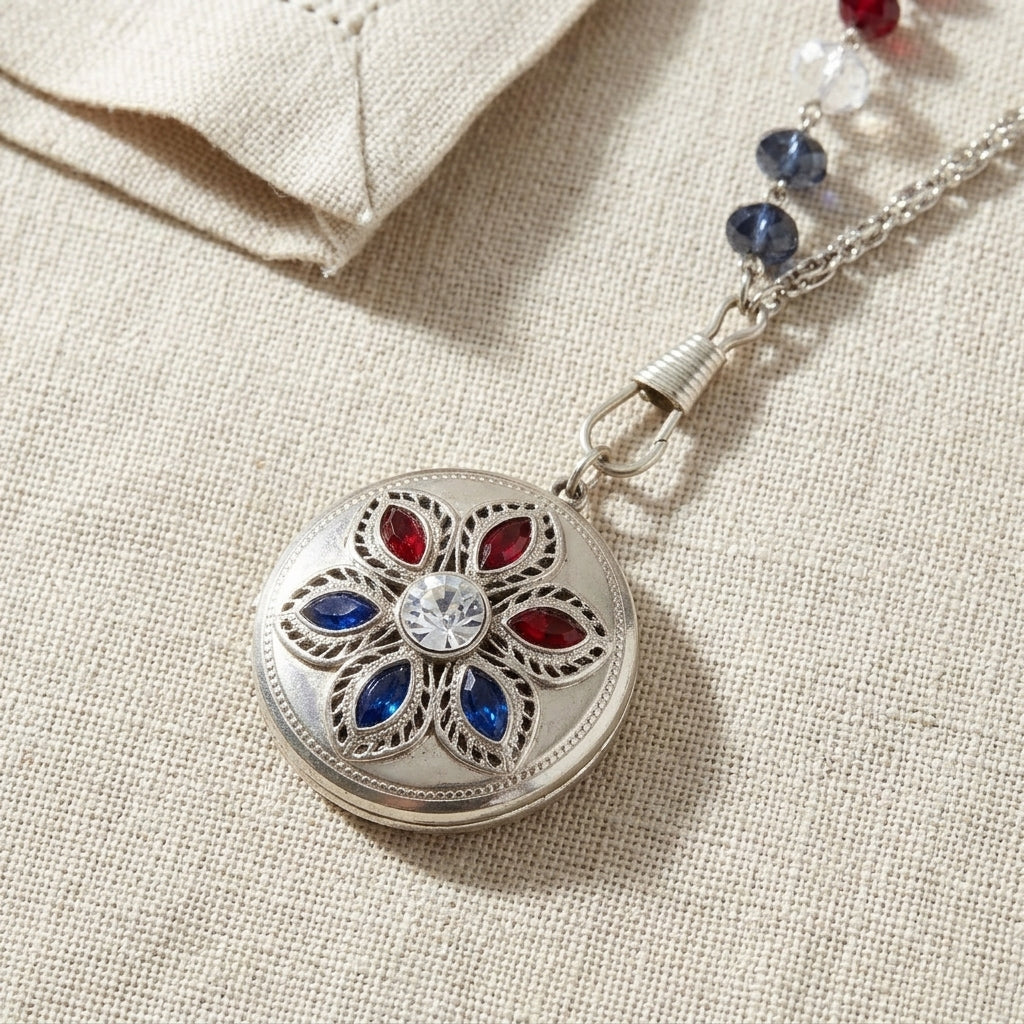 Silver tone Patriotic Red White and Blue Crystal Locket Necklaces on a beige fabric background