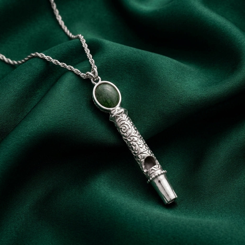 Oval Jade Gemstone Filigree Whistle Pendant Necklace resting on dark green fabric surface