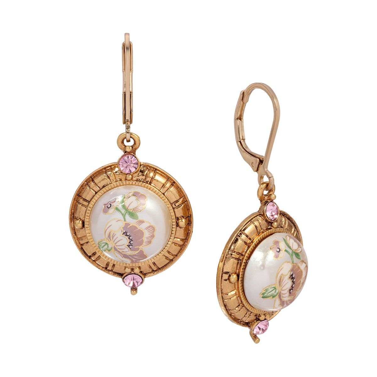 Light Rose Pink Crystal & Faux Pearl Pink Flower Decal Drop Earrings