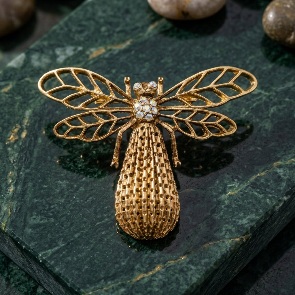 Gold tone bee brooch pin with crystal accents resting on a dark green marble surface