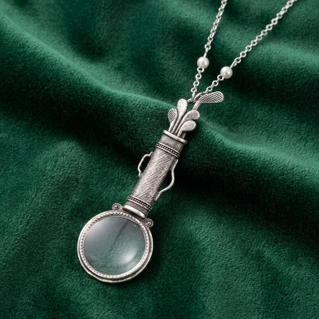 Pewter Golf Club Set Magnifier Pendant Necklace resting on green fabric