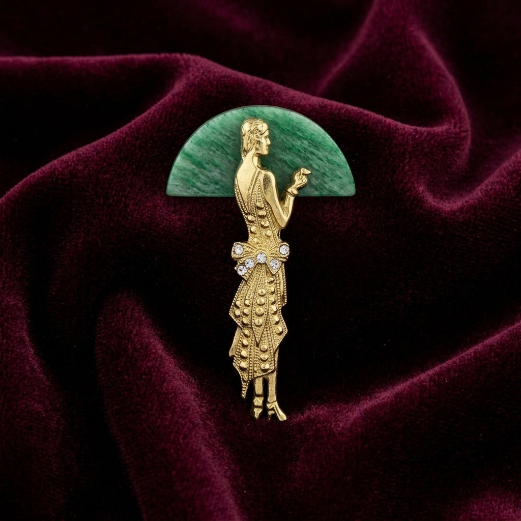 Roaring 20's Women Green Aventurine Gemstone Pin placed on burgundy fabric surface