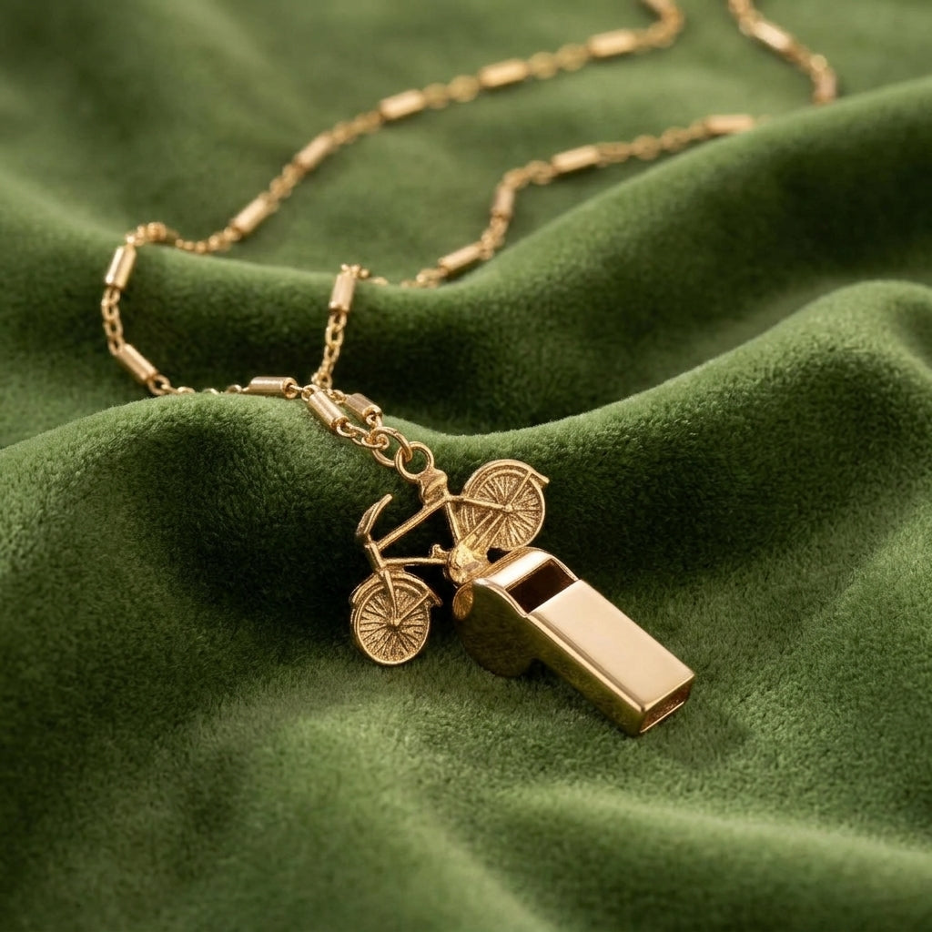 Vintage Bike & Functional Whistle Gold Tone Necklace resting on green fabric