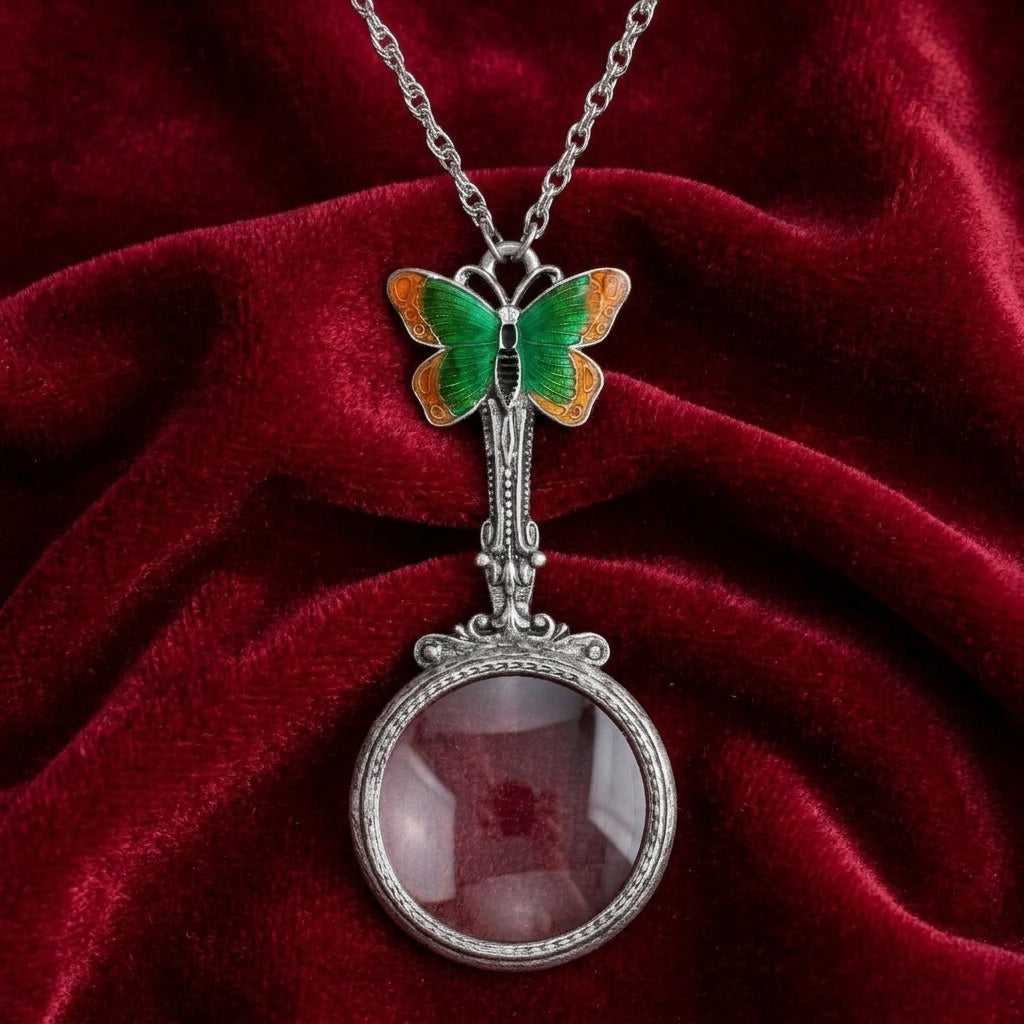 Metamorphic Butterfly Magnifying Glass Necklace resting on dark red fabric