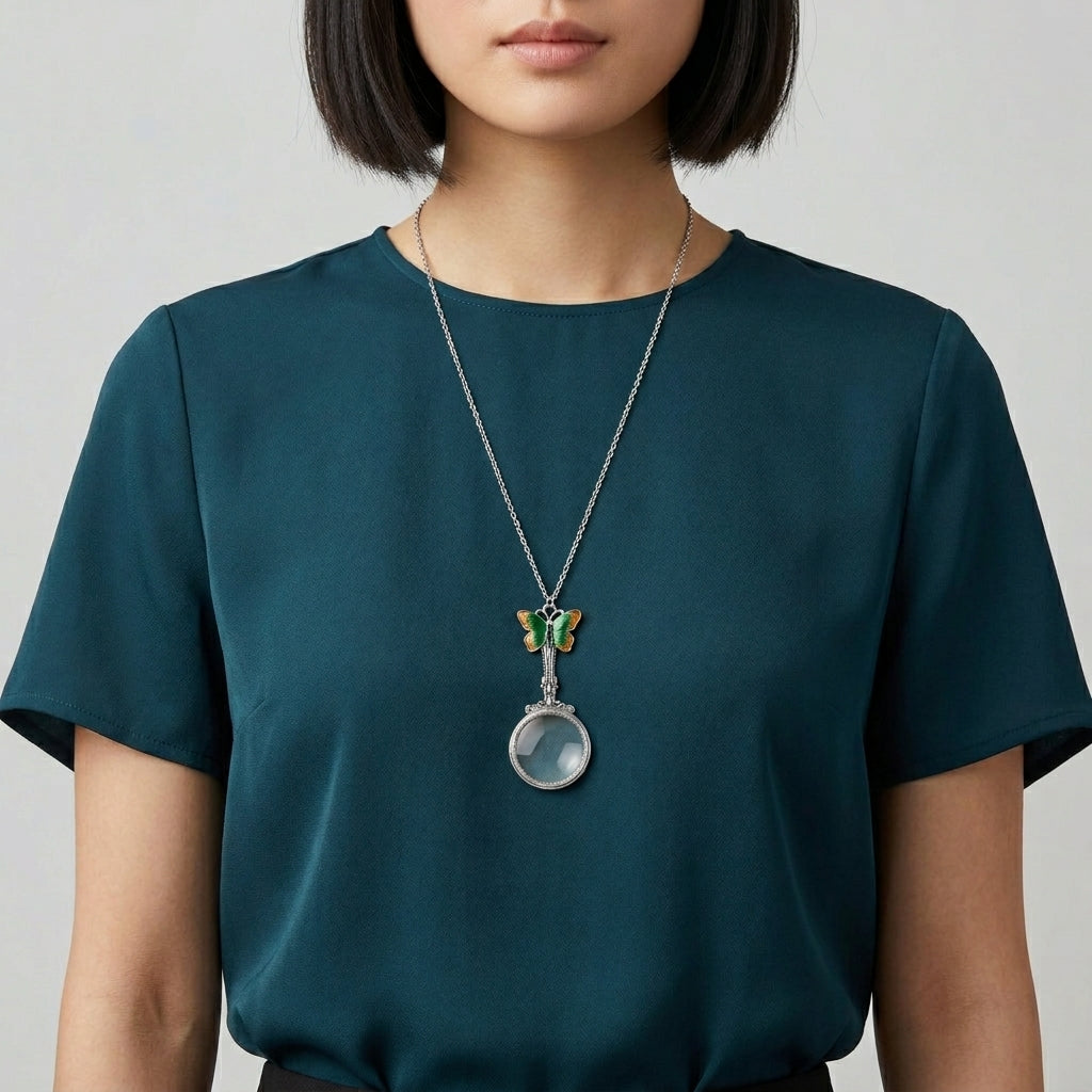 Woman in a dark green-blue top wearing a Metamorphic Butterfly Magnifying Glass Necklace