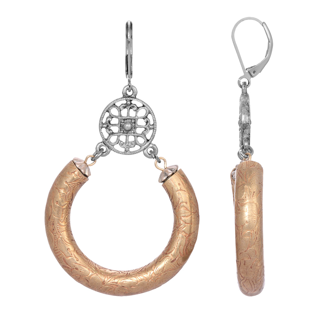 1928 Jewelry Meso Round Intricate Filigree Partial Hoop Drop Earrings