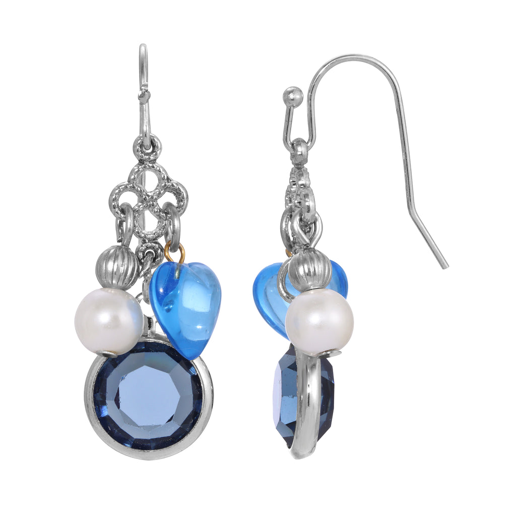 Montana Blue Channel Sapphire Blue Crystal Heart & Pearl Charm Dangling Earrings