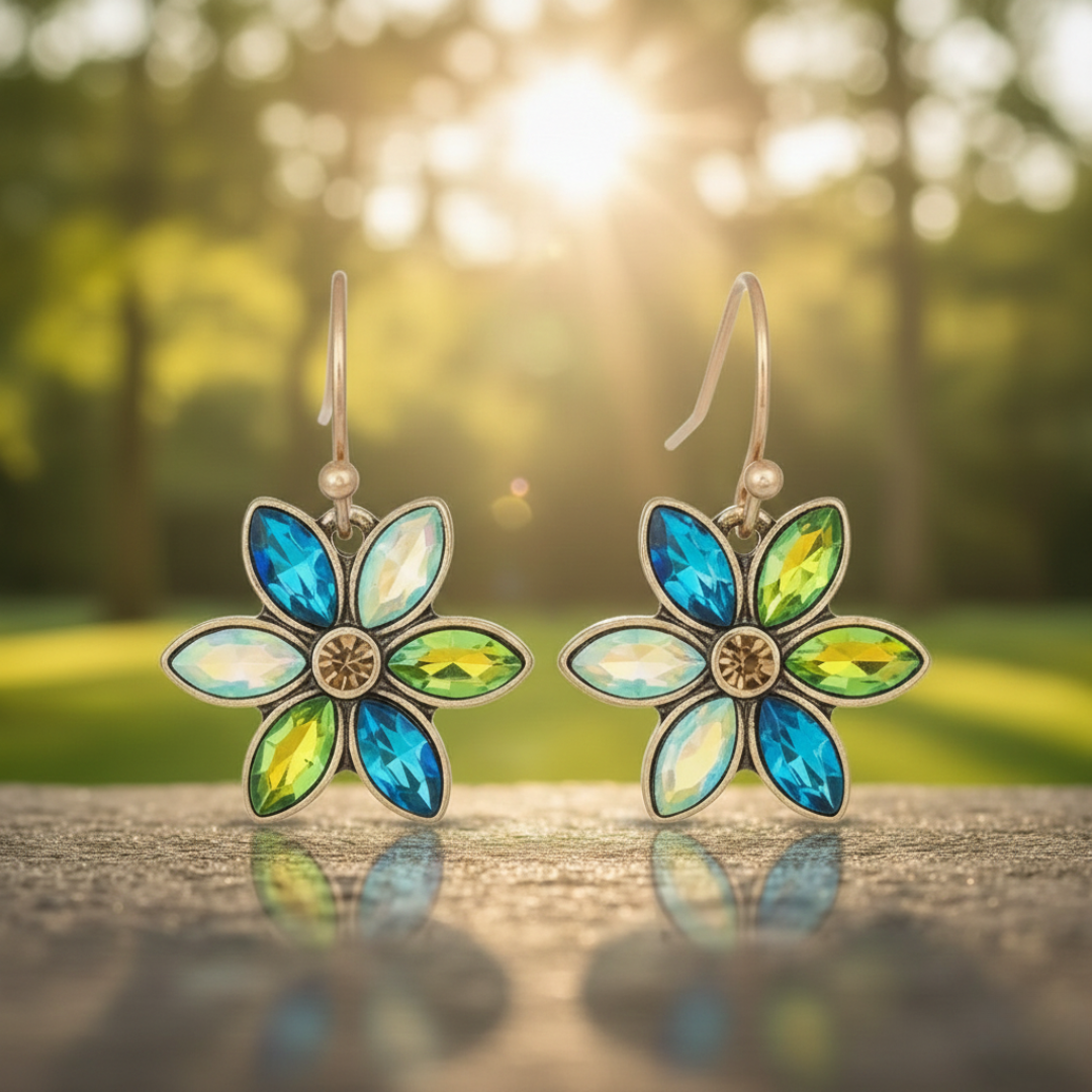 Flower-shaped earrings with blue and green colors in natural sunlight. 