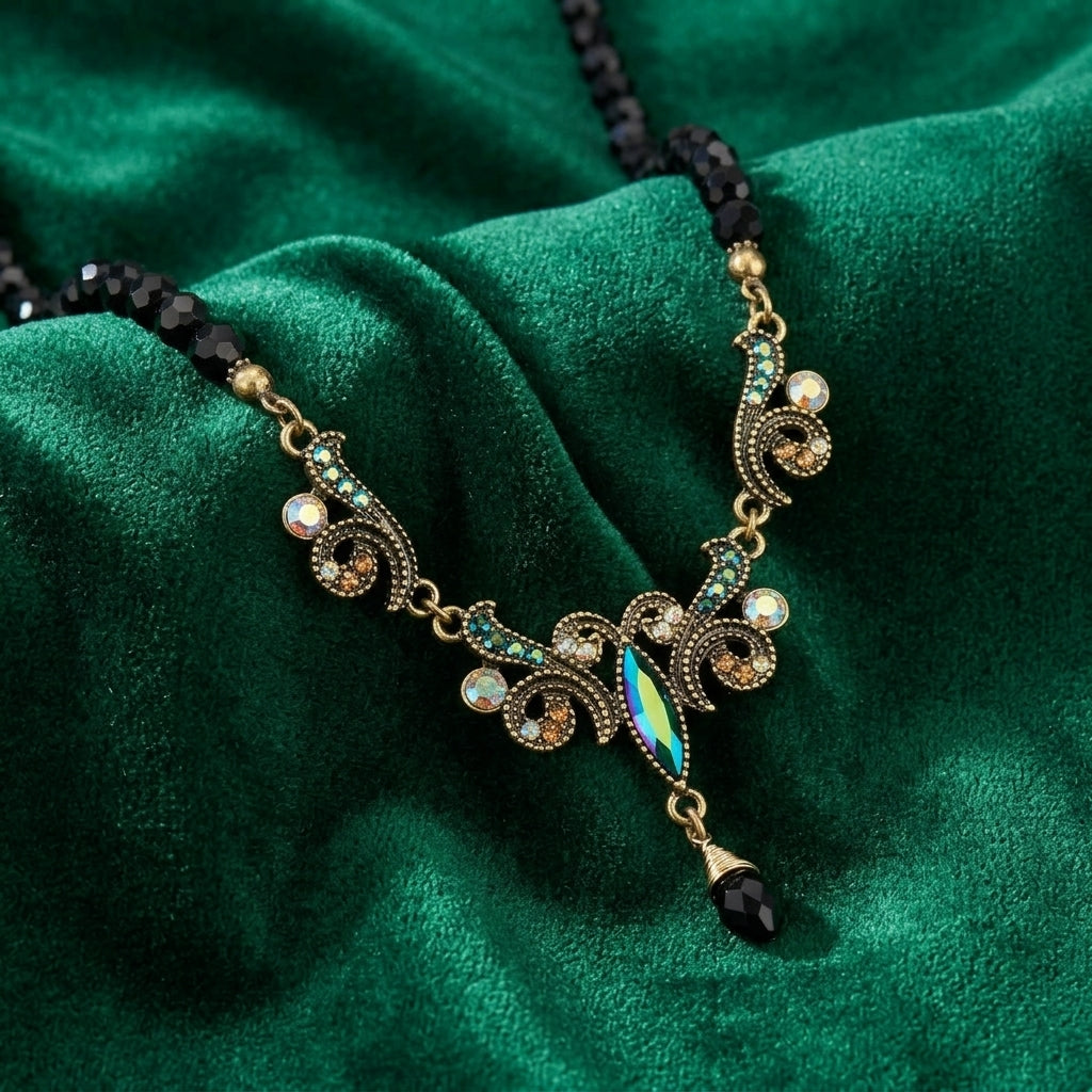 Peacock Plumage Black Beaded Art Nouveau Style Multi AB Glass Stone Drop Pendant Necklace resting on dark green satin fabric