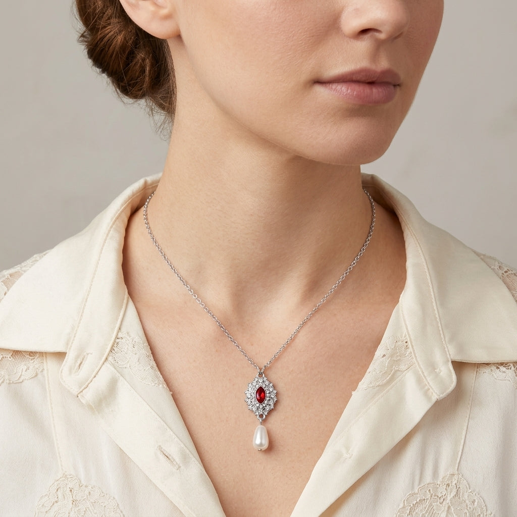 Regency Starburst Crystal Faux Pearl Drop Pendant Necklace 16