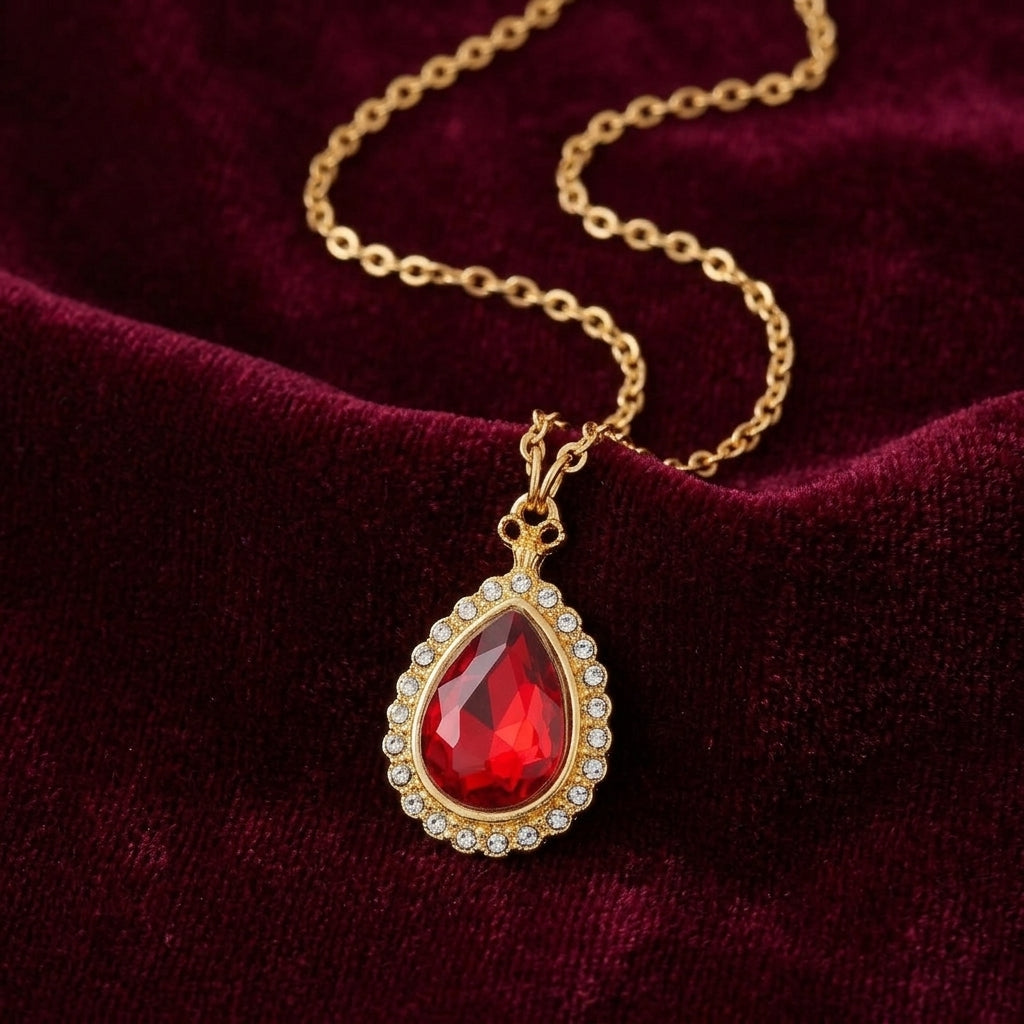 Gold tone red teardrop crystal pendant necklace with crystal accents resting on dark red fabric