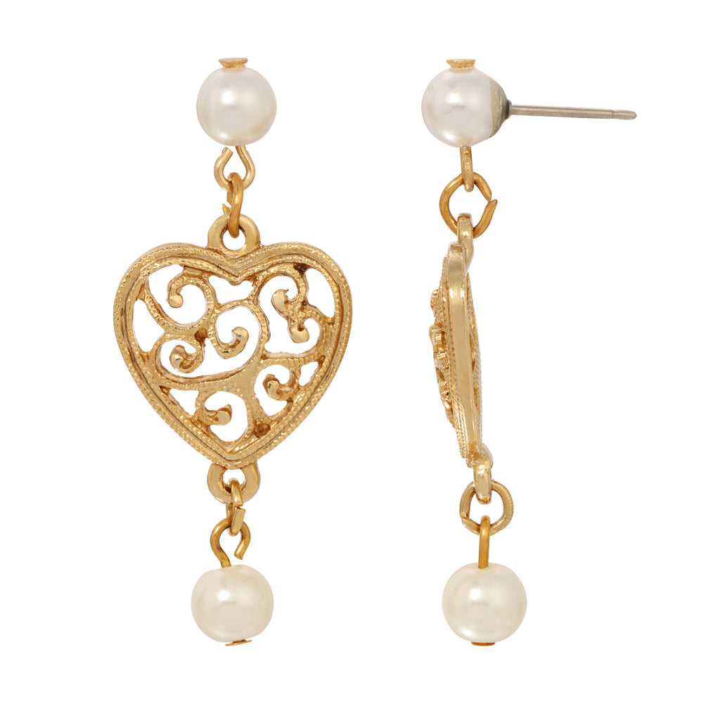1928 Jewelry Gold Filigree Heart & Faux Pearl Post Dangle Earrings