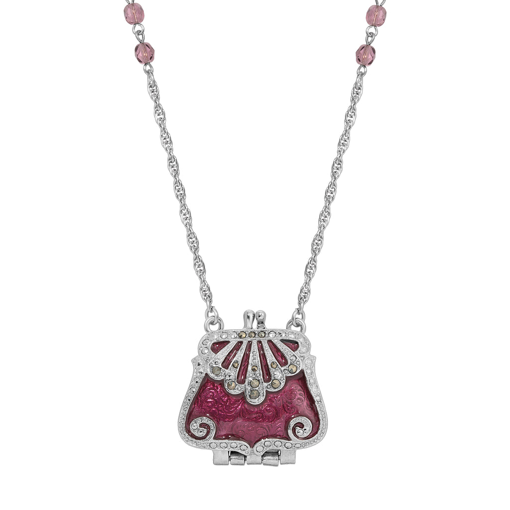 1928 Jewelry Deco Crystal Clutch Purse Locket Pendant Necklace 32"