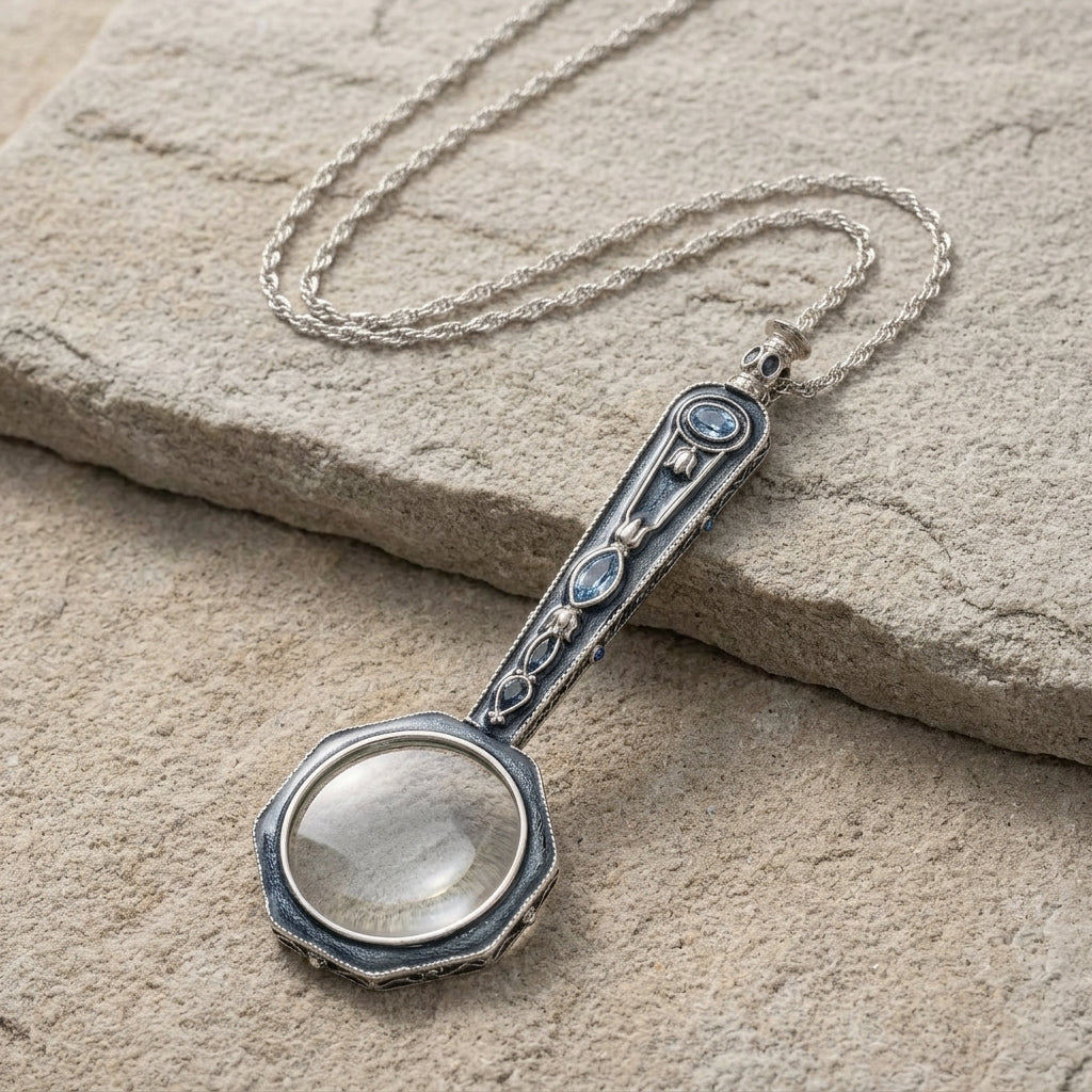 Blue crystal magnifying glass pendant necklace resting on a stone surface