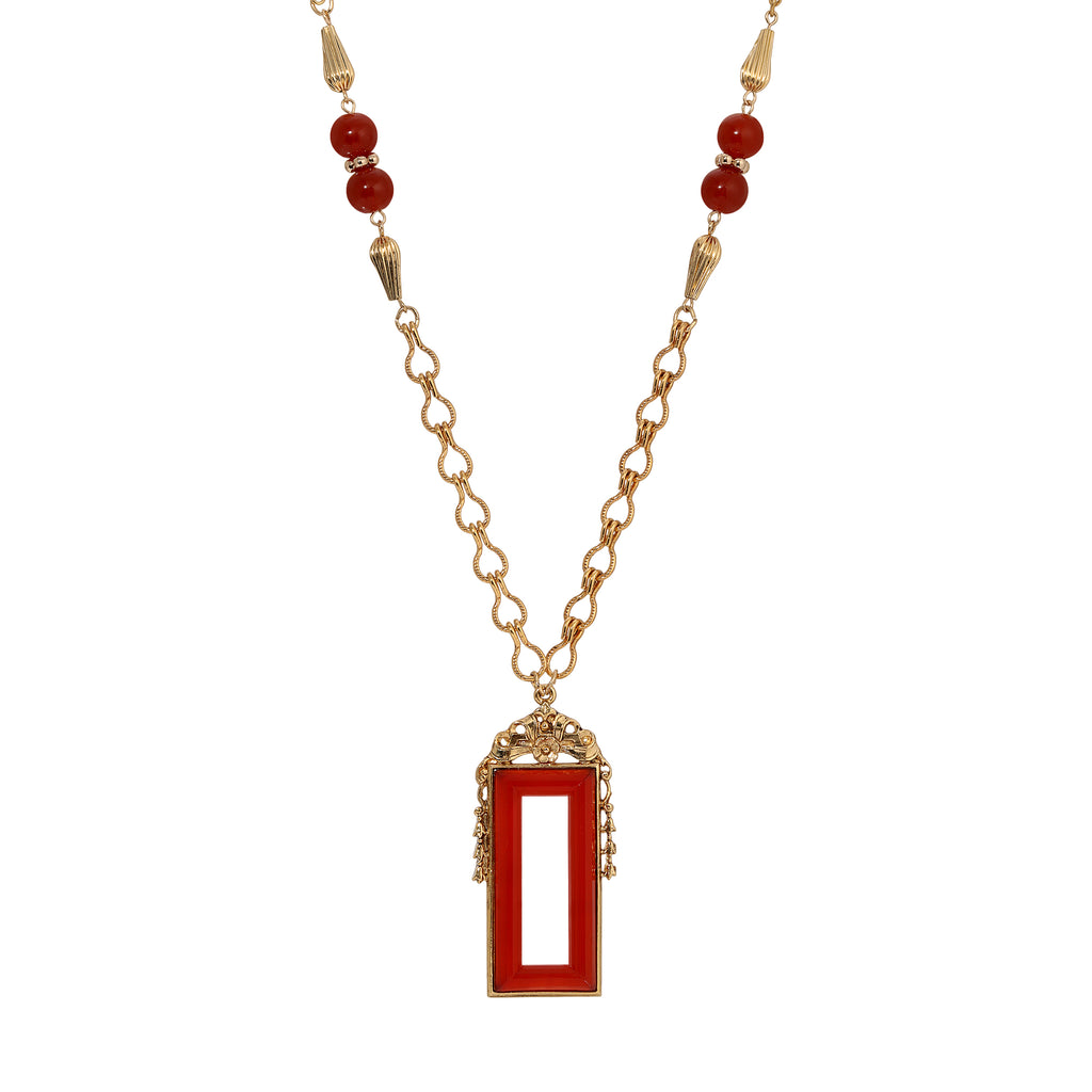 1928 Jewelry Carnelian Glass Heritage Treasure Pendant Necklace 28"