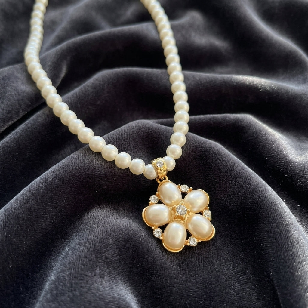 White faux pearl necklace with a floral pendant design and crystal accents resting on a dark gray fabric surface