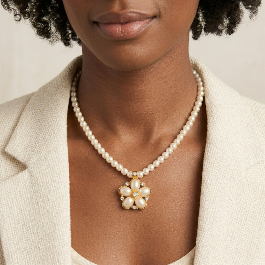 Woman in a white blazer wearing a white faux pearl necklace with a floral pendant design