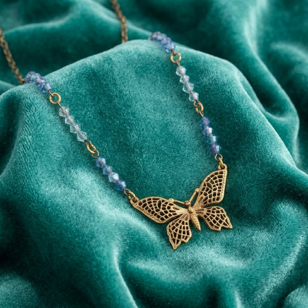 Butterfly pendant necklace with blue crystal bead accents resting on a teal fabric surface