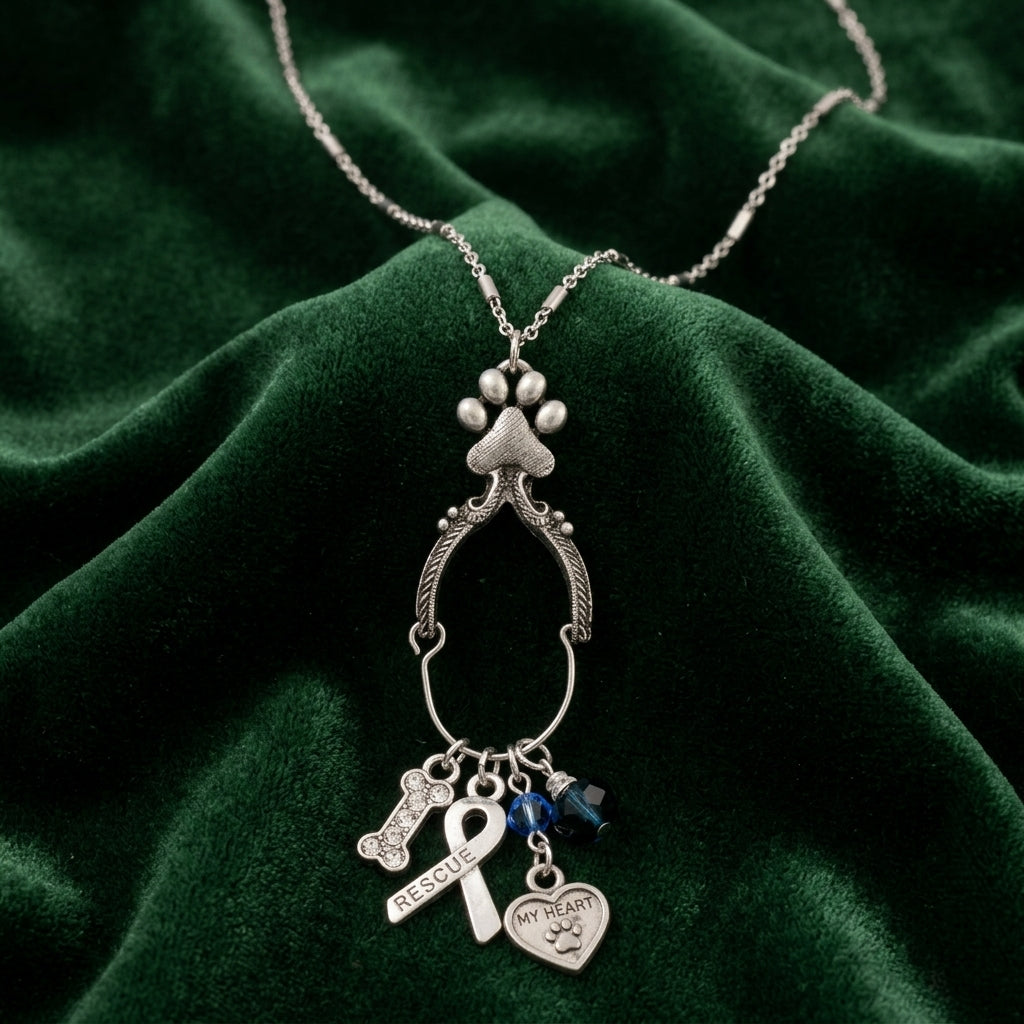 Silver tone charm necklace that as four distinct pet rescue-inspired charms laying on dark green fabric