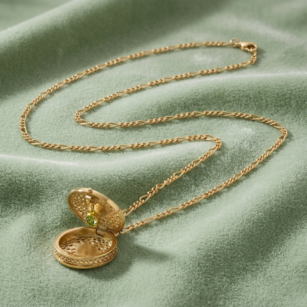 Gold tone peridot green crystal locket necklace resting on greenish-blue fabric