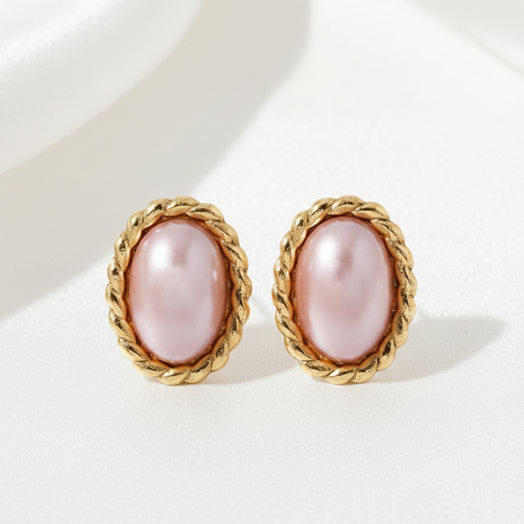 Pair of earrings with pink stones and gold braided settings on a white background