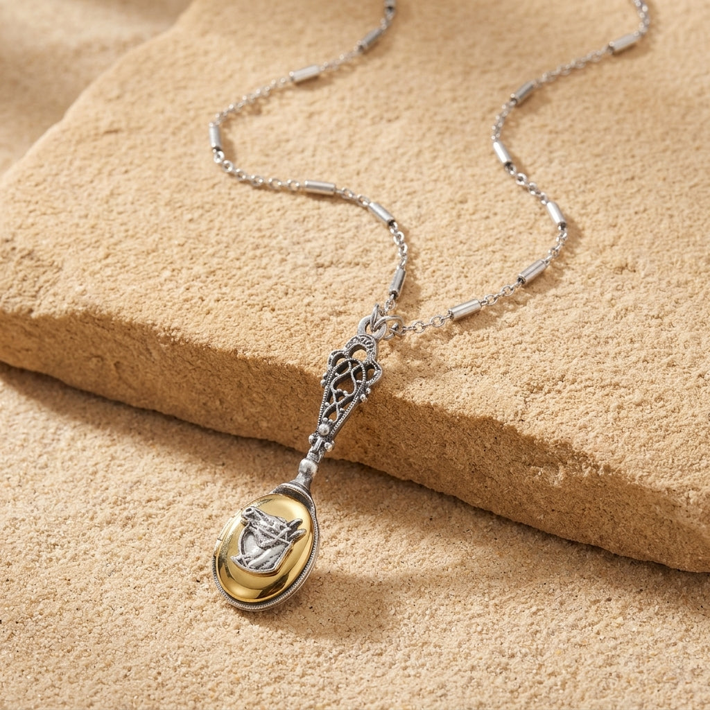 Silver tone long horse head design photo locket pendant necklace resting on sandstone surface