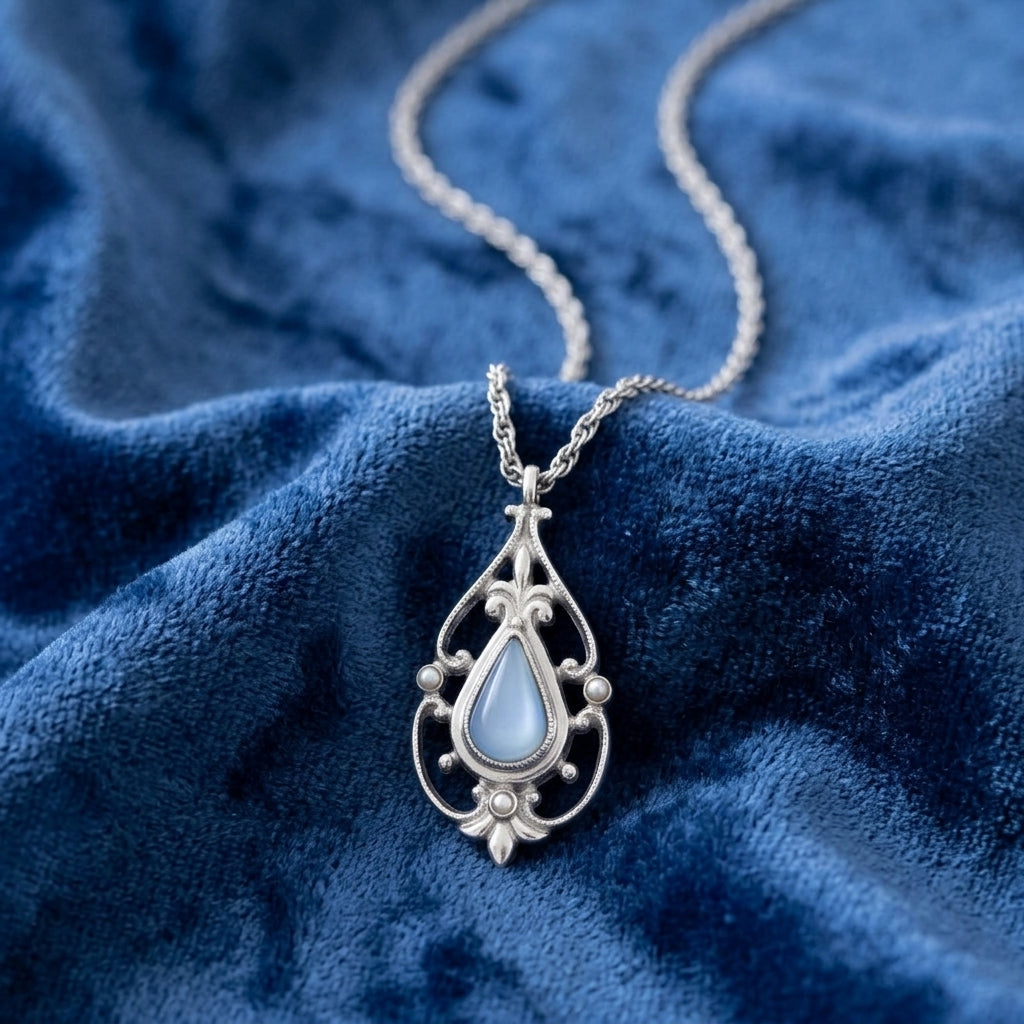 Blue stone pendant necklace on a blue fabric surface