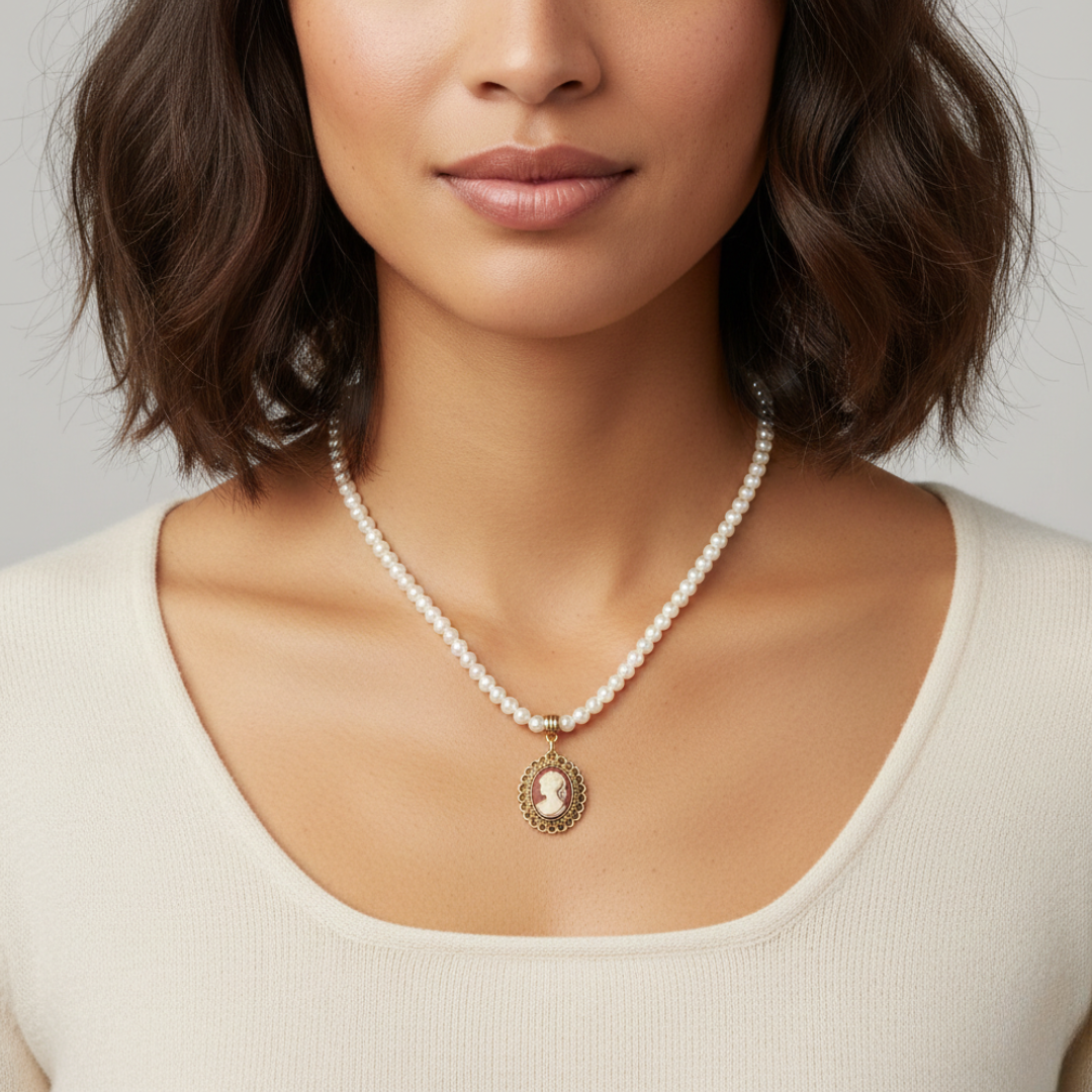 Woman wearing a faux pearl necklace with a cameo pendant against a neutral background
