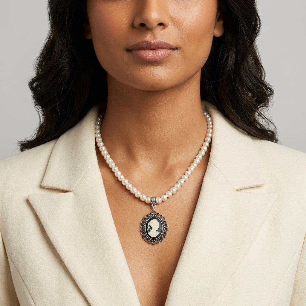 Woman wearing a faux pearl necklace with a cameo pendant against a neutral background