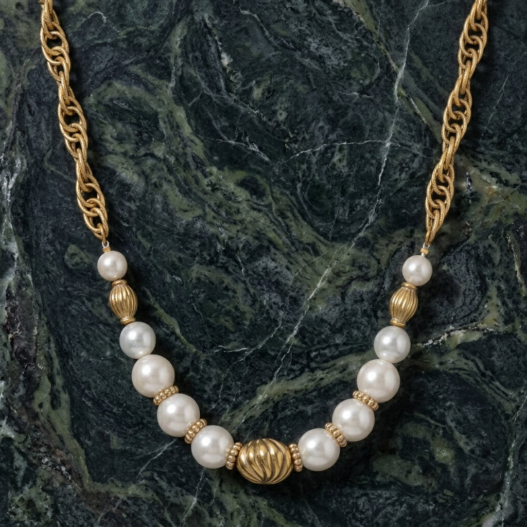 Pearl necklace with gold accents on a dark green marble background