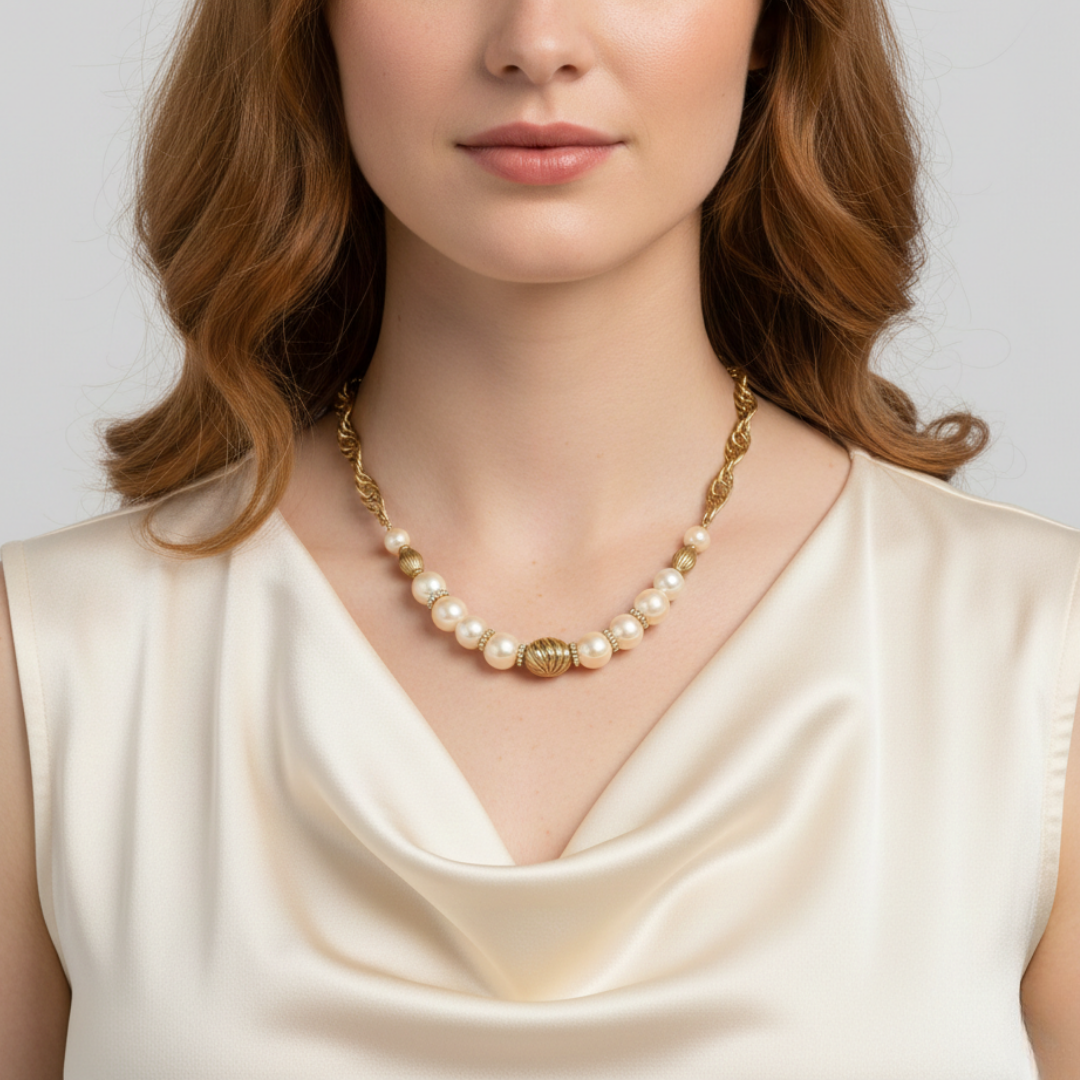 Woman wearing a faux pearl necklace with a plain background