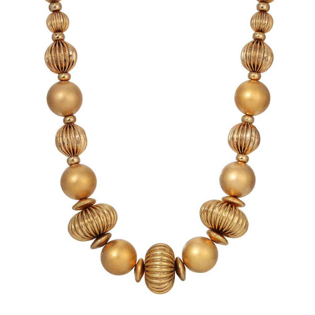 1928 Jewelry Satin Gold Corrugated Bead Necklace 16" + 3" Extension