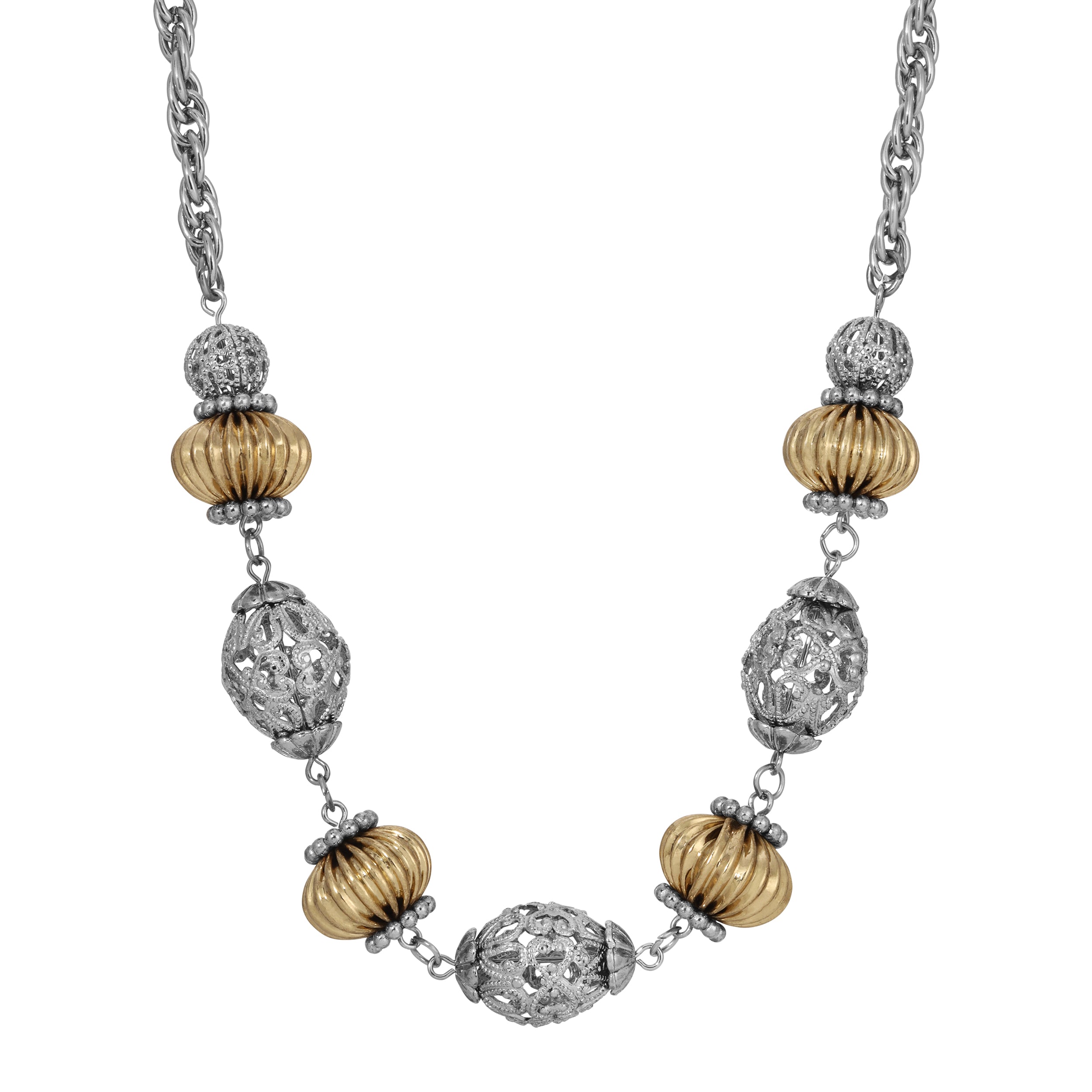 Gold & Silver Rondelle Fluted & Oval Filigree Beaded Necklace 16" + 3" Extender 