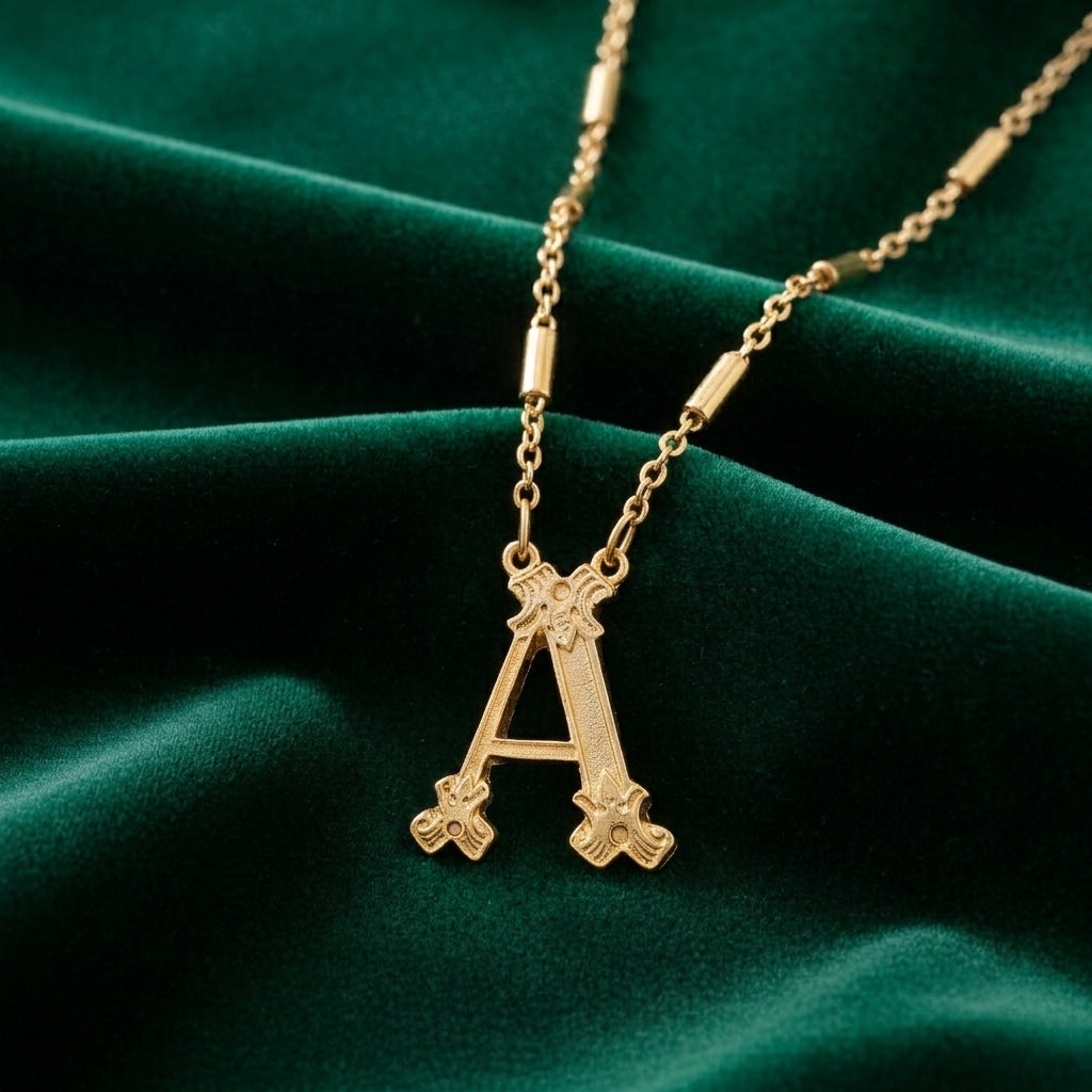 Gold necklace with an 'A' pendant on a green fabric background