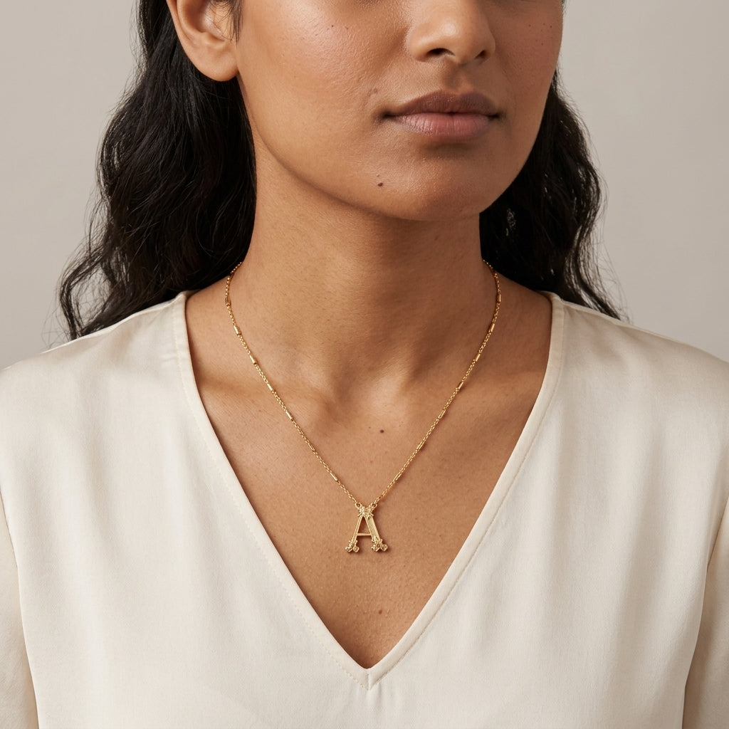 Woman wearing a gold necklace with a 'A' pendant on a neutral background