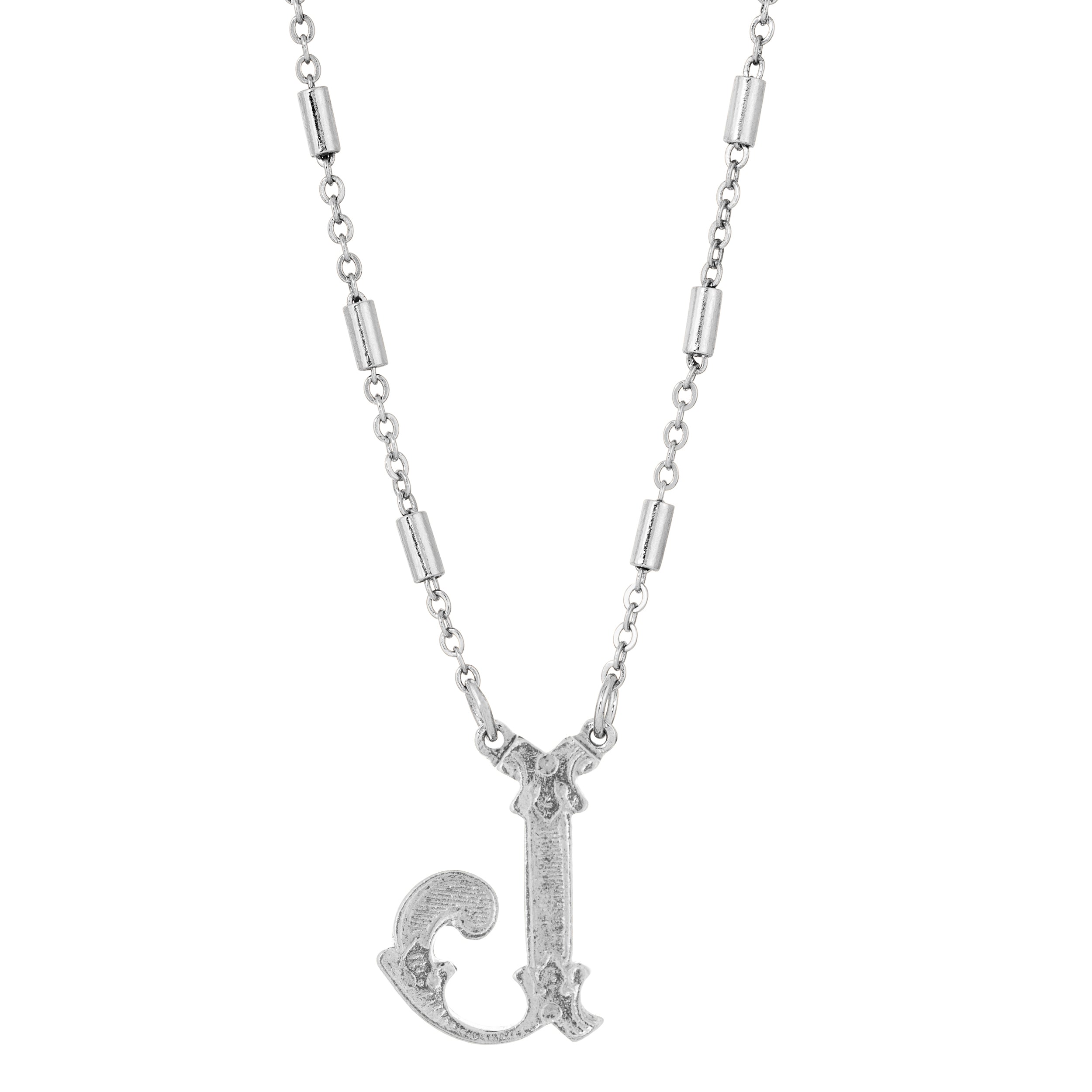 Silver Old Fashioned Initial 'J' Pendant Necklace 15" + 3" Extender