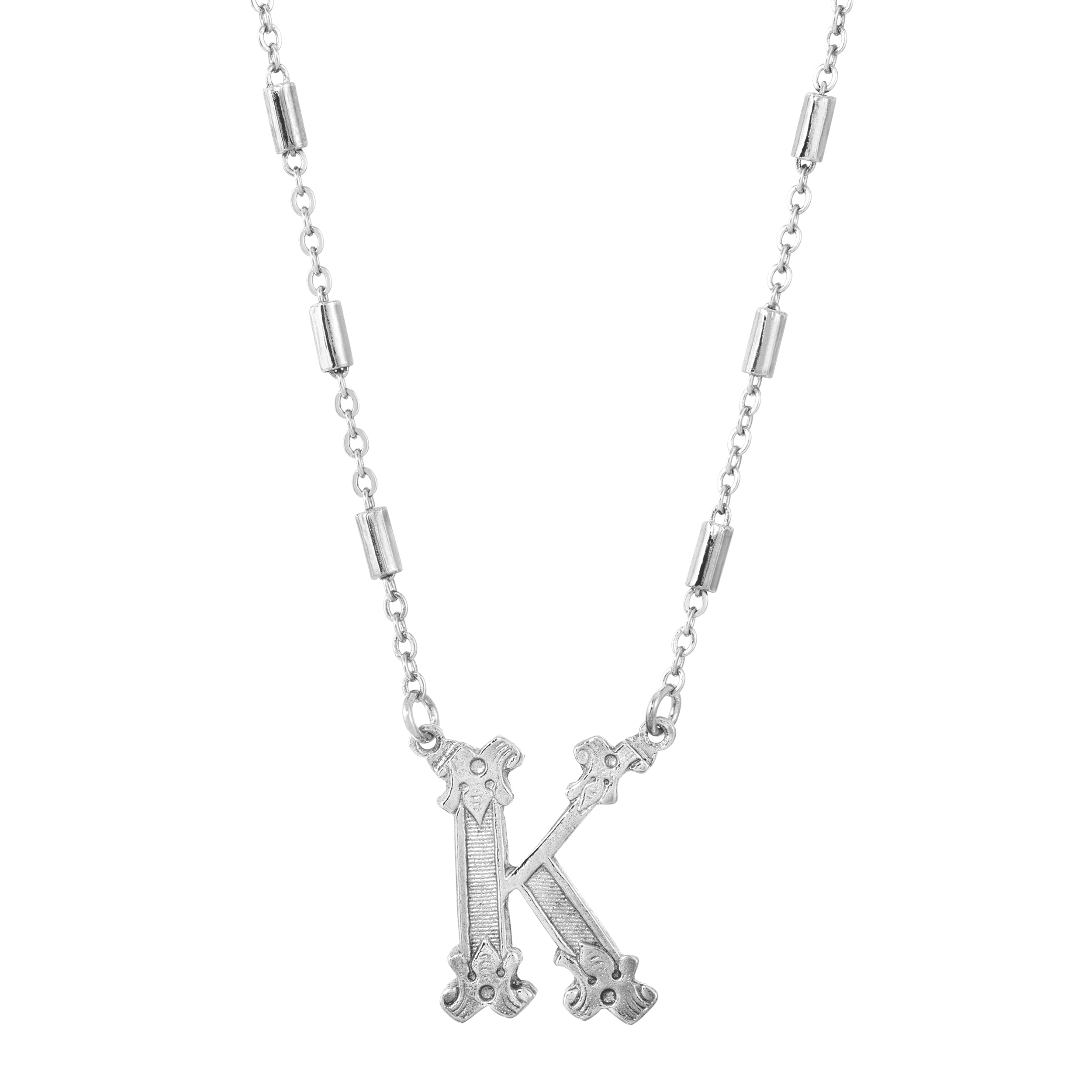 Silver Old Fashioned Initial 'K' Pendant Necklace 15" + 3" Extender
