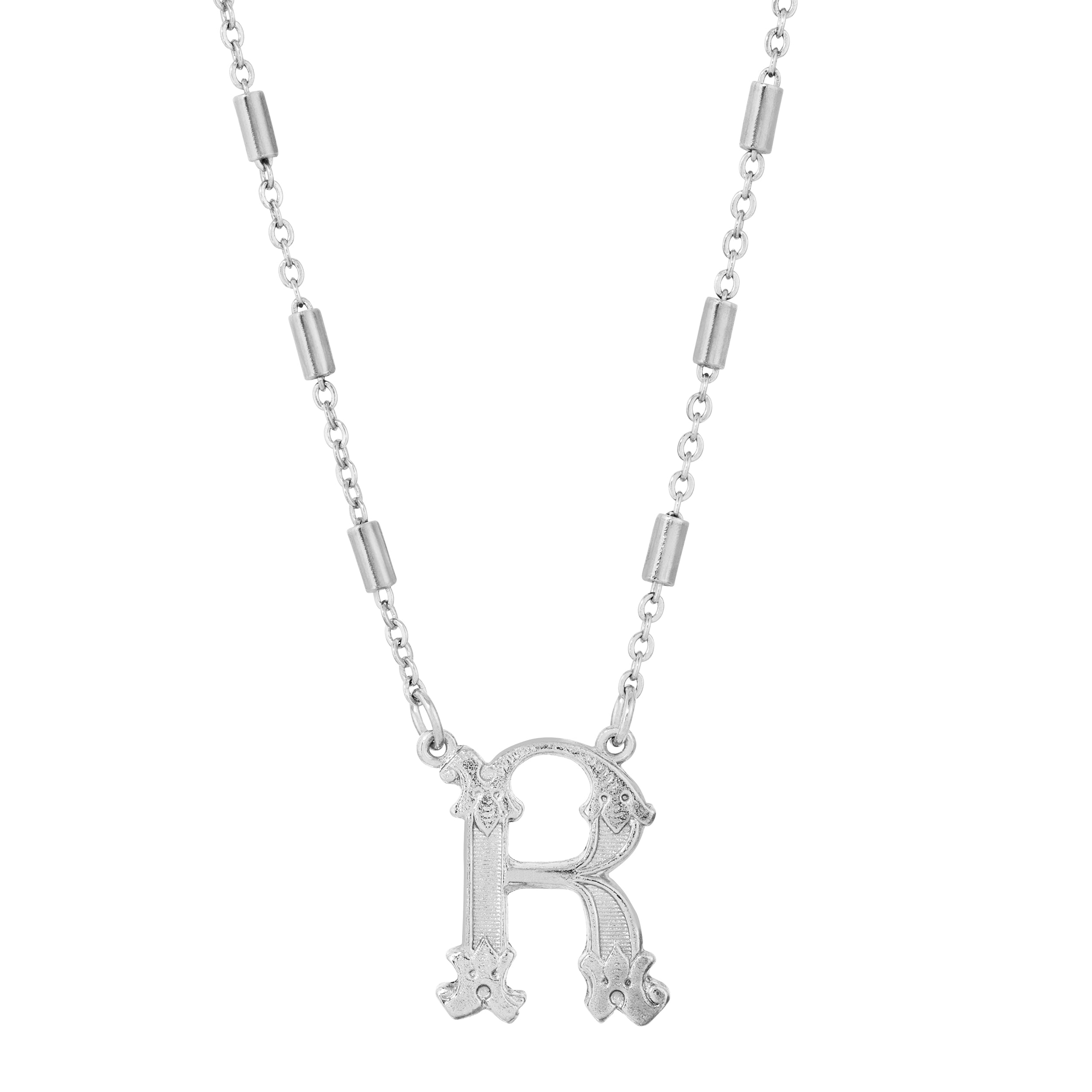 Silver Old Fashioned Initial 'R' Pendant Necklace 15" + 3" Extender