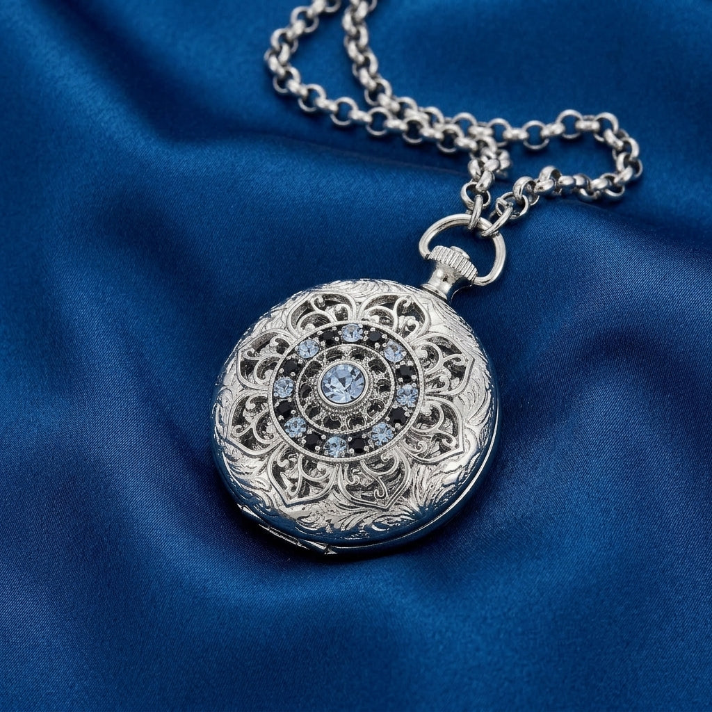 Silver tone pocket watch style locket that has light blue sapphire crystal accents resting on blue satin fabric