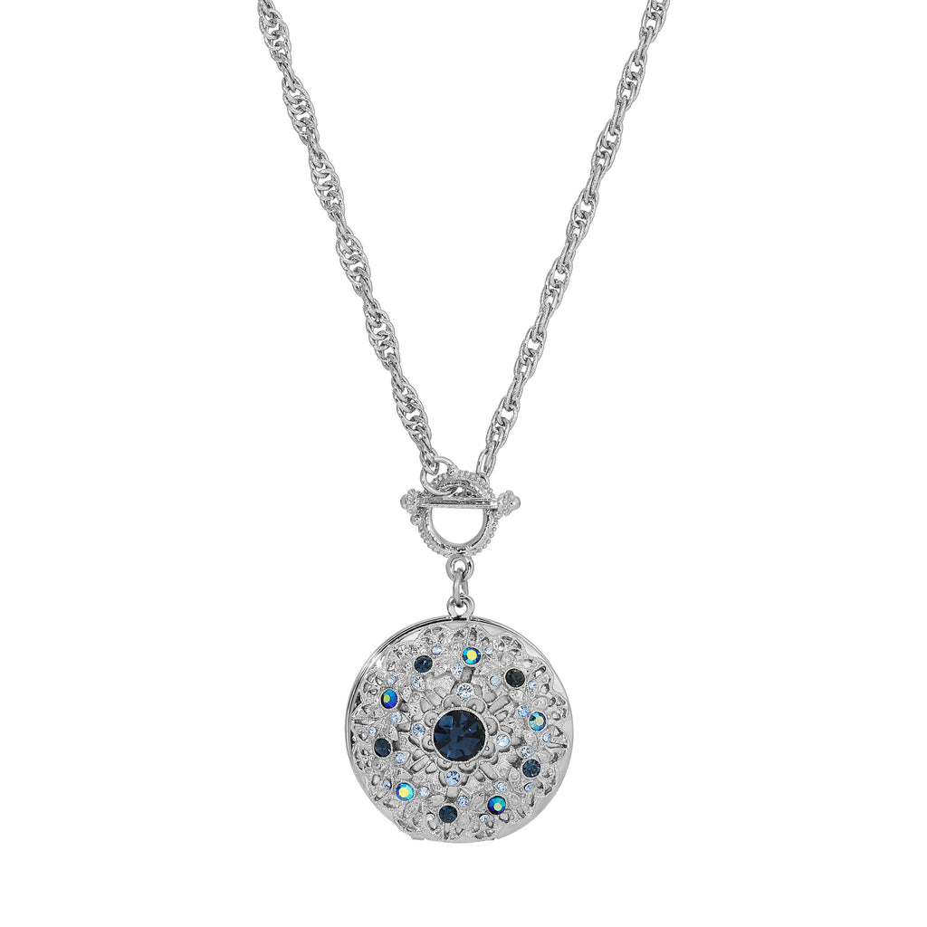 1928 Jewelry Blue Sapphire Crystal Burst Photo Locket Toggle Pendant Necklace 28"