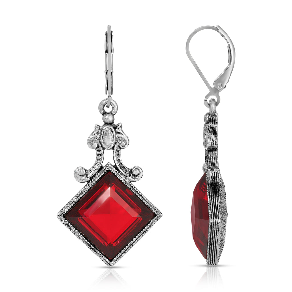 Scroll & Square Siam Red Stone Drop Earrings