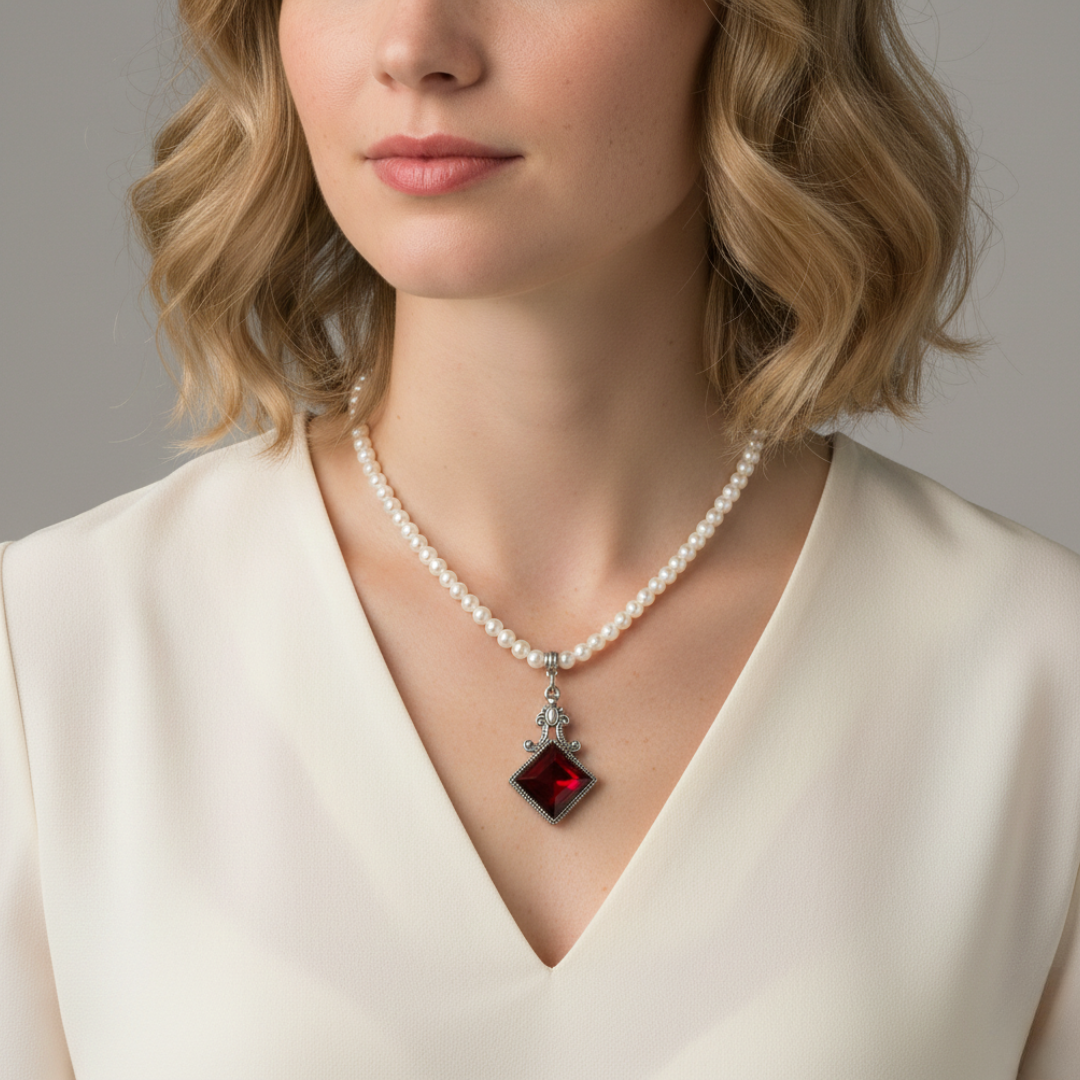 Faux pearl necklace with a large diamond-shaped red crystal pendant worn by a model against a neutral background