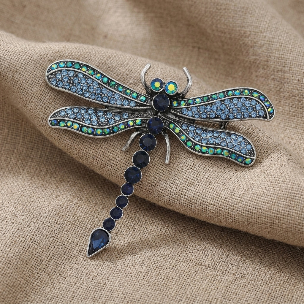 Sparkling blue crystal dragonfly brooch resting on linen fabric