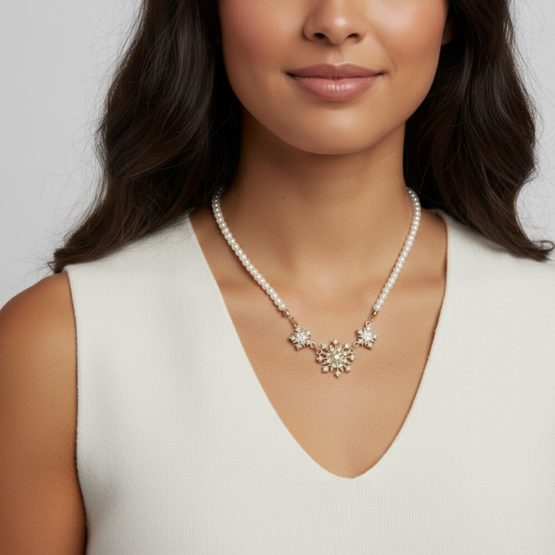 Woman wearing a faux pearl necklace with starburst pendants filled with clear crystals a white top against a neutral background