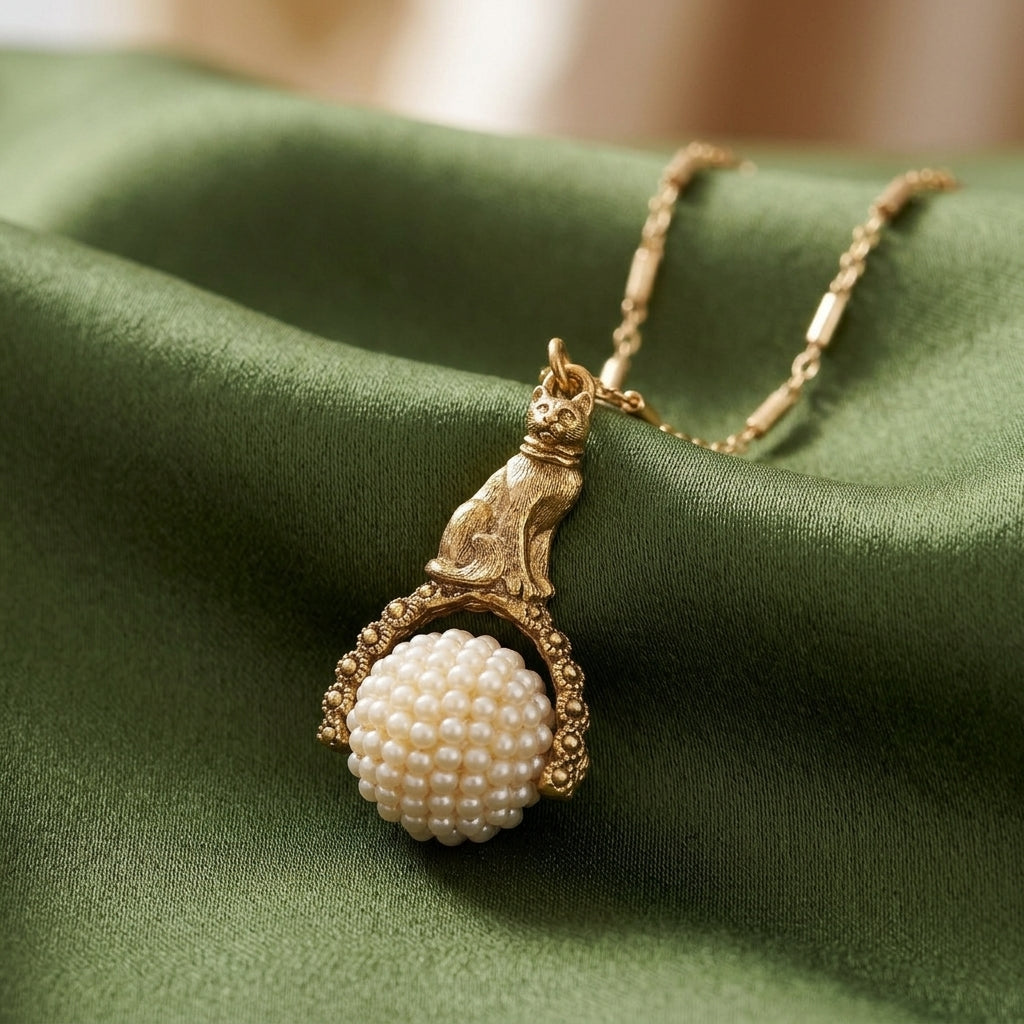 Gold tone cat pendant spinner necklace that has white faux pearls resting on green fabric surface